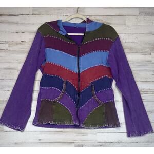 VINTAGE 90s Boho Patchwork Hoodie Jacket L/XL Fits M Fairy Grunge Hippie Cotton